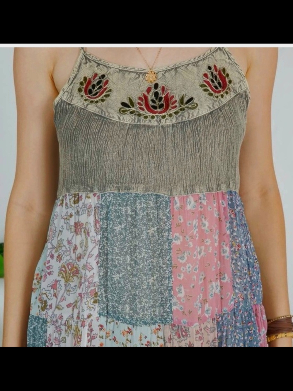 Young Threads Boho Patchwork Tiered Midi Dress in Olive & Floral Sz S - Picture 13 of 13